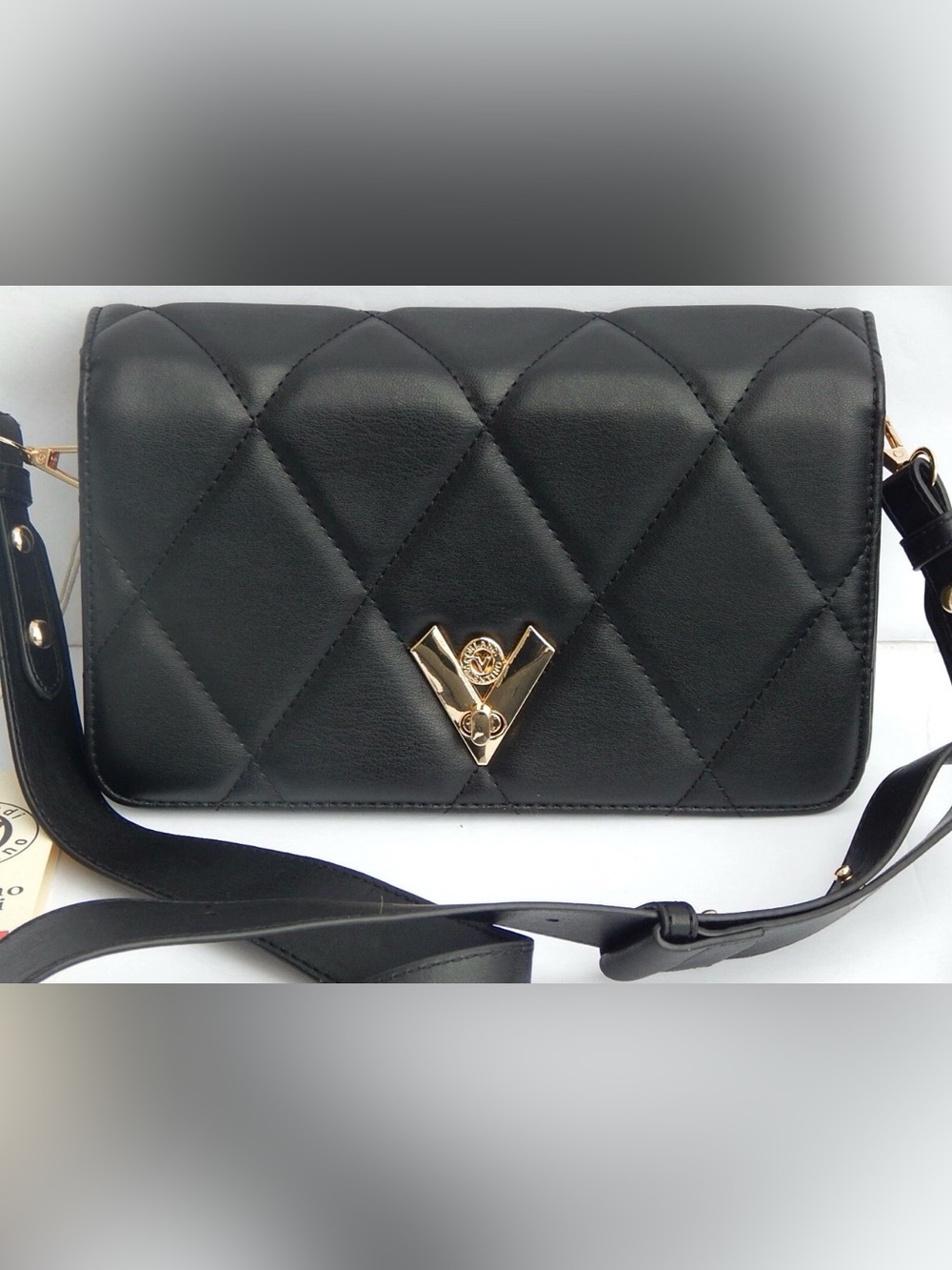 Valentino Orlandi Black Quilted Vegan Leather Crossbody Bag w/ Gold Hardware